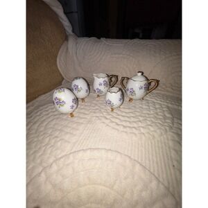 Vintage Lefton Japan Purple Violets Porcelain Tea Set Sugar Creamer Egg Shakers